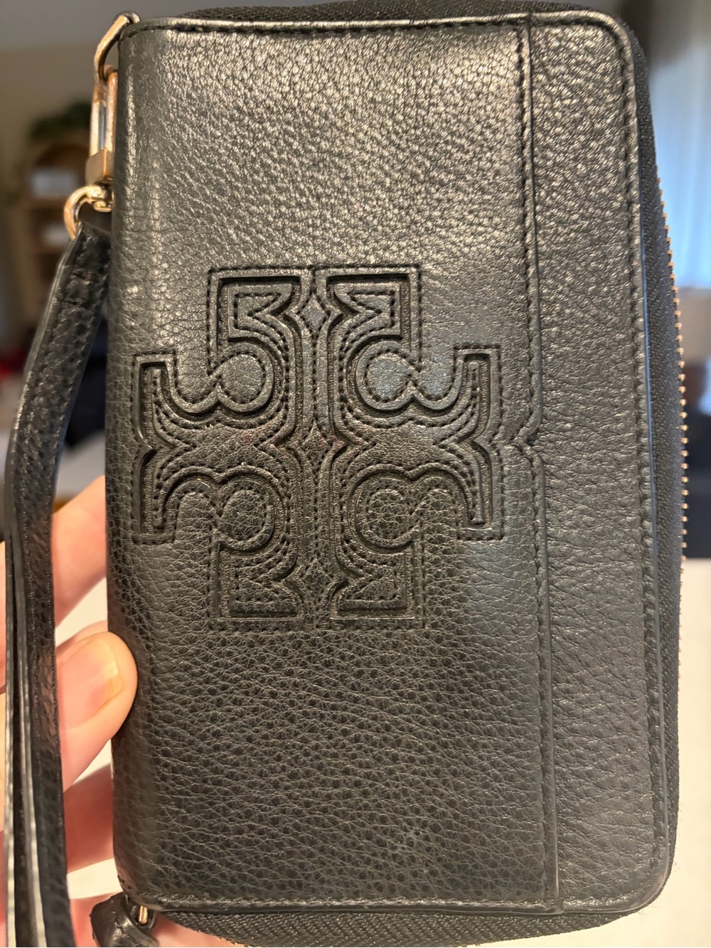Tory Burch Black Embossed Leather Wristlet